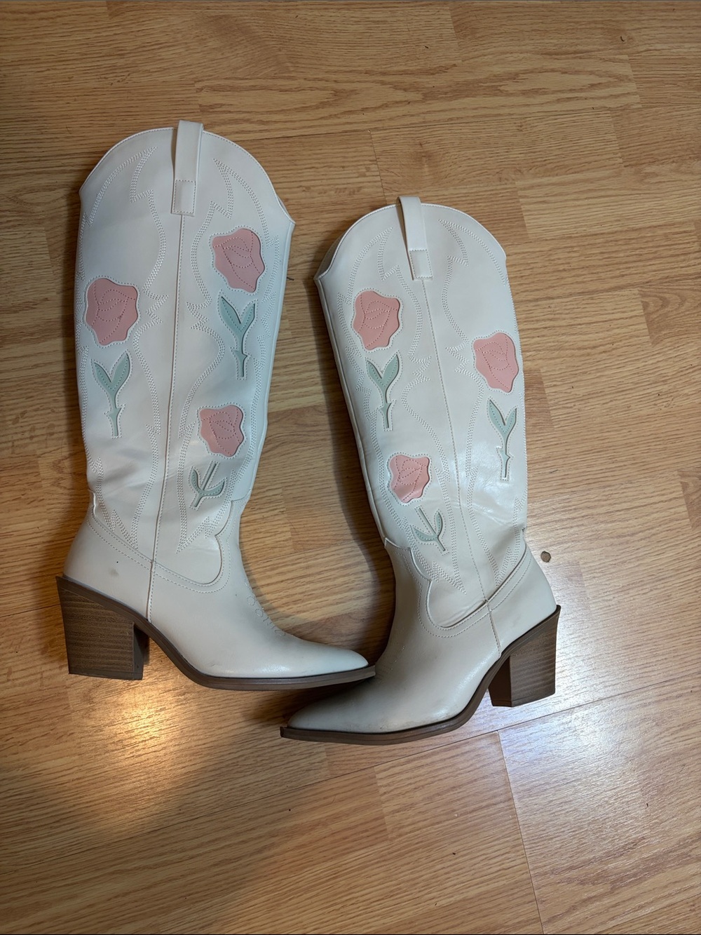 Target Cream Western Knee-High Boots with Pink Floral Appliqués - Picture 2 of 4